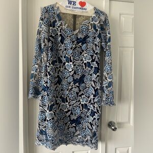 Tadashi Shoji Blue and White Sheath Dress with Bishop Sleeves